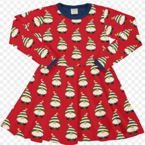 Maxomorra Festive Red Gnome Tomte Print Dress Sz 110-116cm